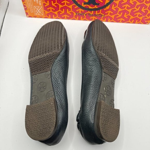 Tory Burch Reva Navy‎ Pewter Leather Ballet Flats with Metal Logo Size 6.5 - Picture 5 of 6